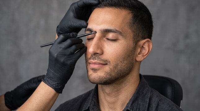 A bearded man with eyes closed has his eyebrow shaped and tinted by a gloved specialist, a men's grooming and beauty treatment concept.