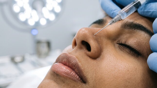Close-up of a gloved specialist injecting dermal filler into a persons nose, a non surgical rhinoplasty and cosmetic treatment concept.