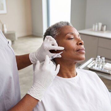 A senior woman with gray hair receives a dermal filler injection near her jaw from a gloved specialist, a cosmetic treatment concept.