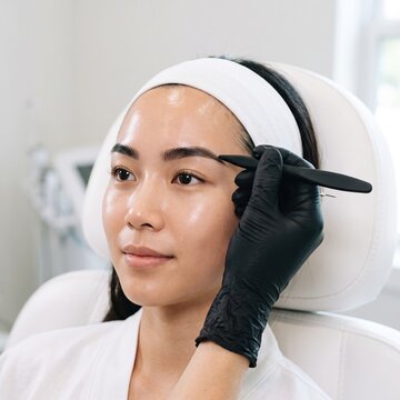 An Asian woman has her eyebrows shaped with tweezers by a gloved specialist, a beauty salon eyebrow treatment concept.