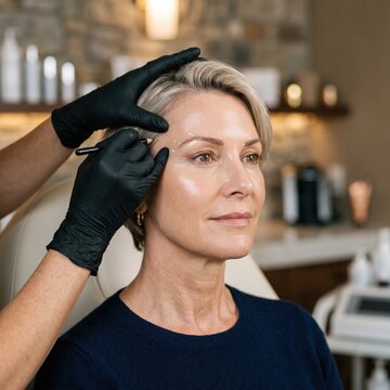 A specialist marks injection points on a mature womans face with a gloved hand, a dermal filler mapping and cosmetic treatment concept.