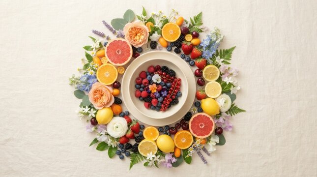 Fresh citrus fruit and berry mix arranged in a bowl with green leaves on a white background