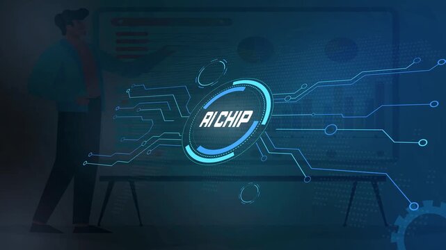 AI Chip Processing Intelligent Computing Tasks on a Futuristic Technology Interface with Digital Data Elements.