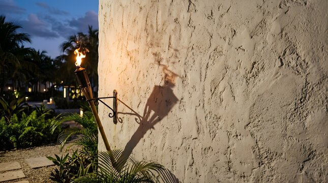 Tropical tiki torch burning on a white stucco wall at sunset in a resort