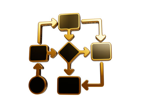 Flowchart diagram icon with gold frames and black nodes illustrates complex data structures and business logic processes.