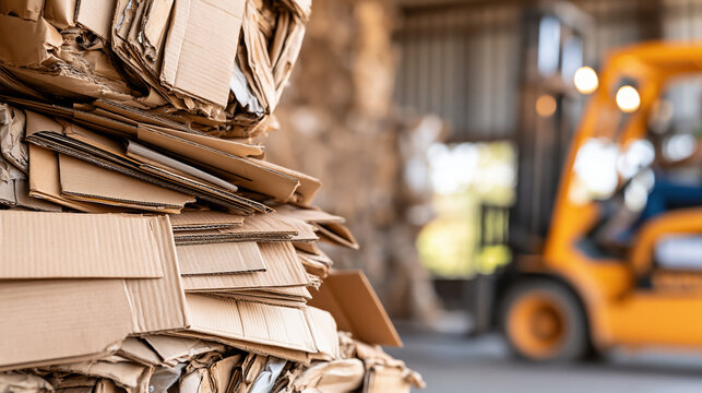 Large compressed bales of recycled cardboard stacked inside recycling facility beside forklift