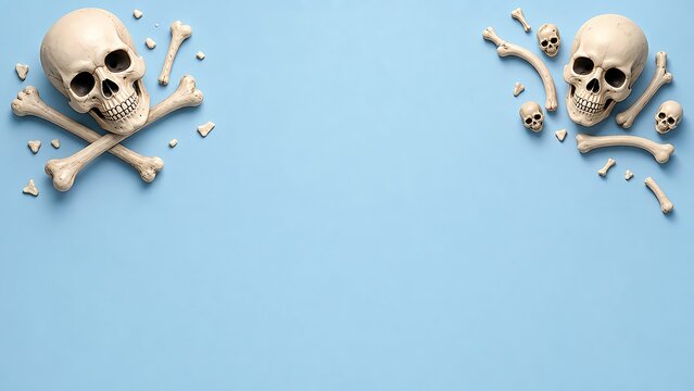 Two human skulls with crossed bones arranged on a light blue background with copy space for your creative holiday text