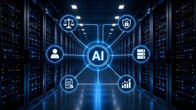 Artificial intelligence governance concept with a glowing digital node network connecting ethics compliance security and analytics icons inside a modern corporate server room.