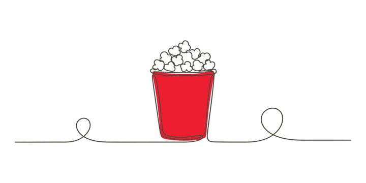 Popcorn bucket sitting on continuous line white background.  Continuous one line drawing of popcorn in a box. Simple vector illustration. 