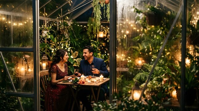 Young couple enjoying a romantic dinner date inside a lush greenhouse