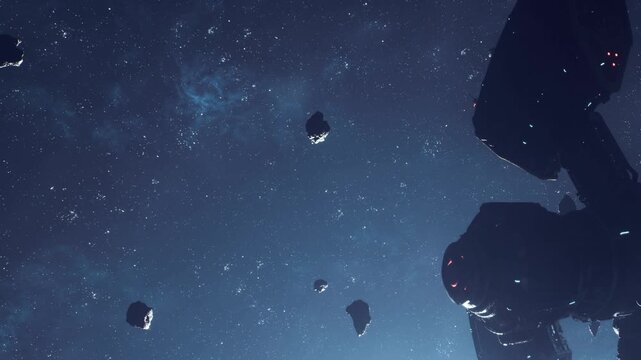 Asteroids floating in space with stars shining brightly in the background. It looks like a deep space setting without any planets.