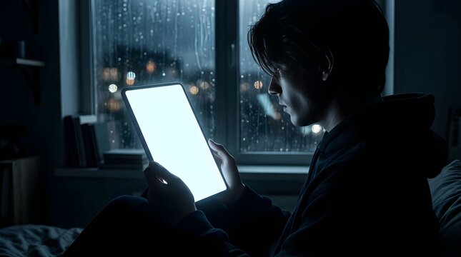 Young man using a glowing tablet at night near a rainy window