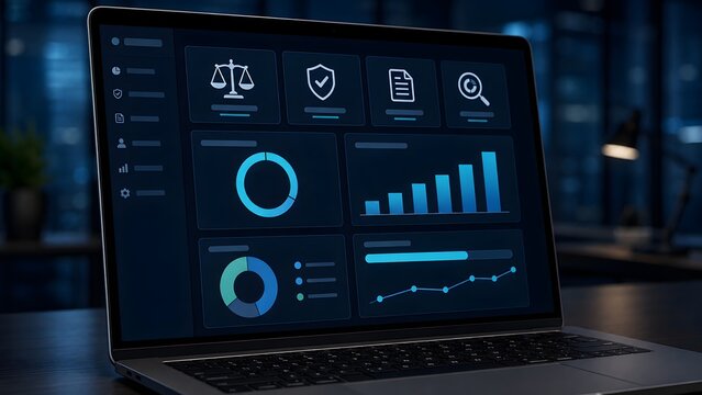 Modern laptop displaying a corporate governance and compliance dashboard with data analytics charts and cybersecurity monitoring system interface.