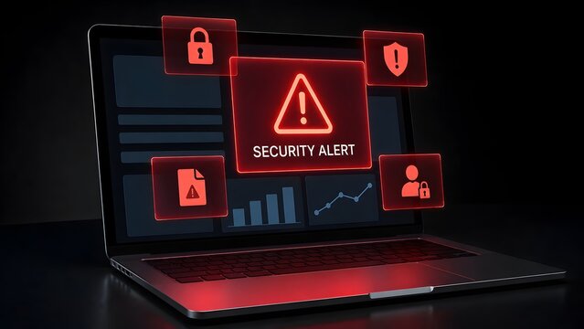 Modern laptop computer displaying a red glowing security alert interface with floating warning icons representing cyber threat detection and malware protection.