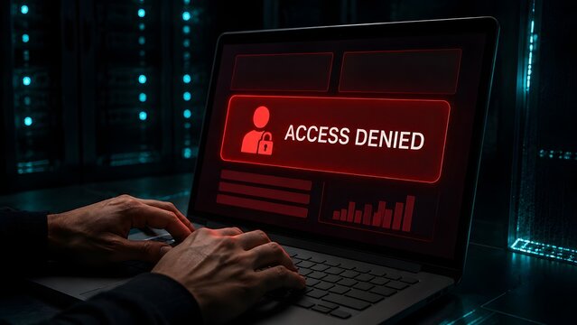 Hacker typing on a laptop keyboard in a dark server room with a red access denied warning screen representing cybersecurity threat and unauthorized system login.