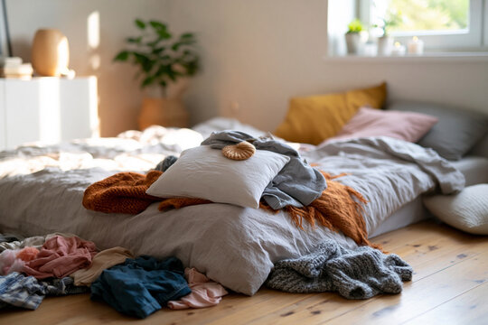 Soft light spills across a messy bedroom floor. Knit garments and pillows scatter near an unmade bed. Wooden floors glow under warm, natural illumination. Potted plant and window frame add tranquil
