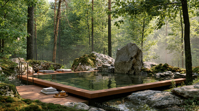 Peaceful forest wellness retreat with minimalist outdoor pool surrounded by mossy rocks and trees