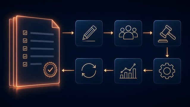 Glowing digital document workflow diagram with legal compliance process icons representing automated corporate approval systems and smart contract lifecycle management.