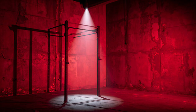 Empty squat rack silhouette showing tense anticipation mood wide horizontal photograph sports fitness training generative AI