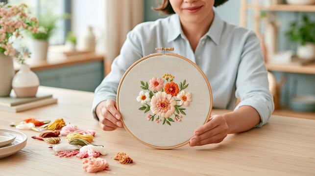 Person embroidering small floral pattern onto natural linen, displaying delicate handmade needlework with calm concentration bright studio setting