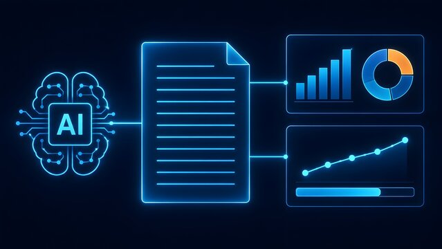 Artificial intelligence brain icon connecting to a digital document and financial analytics dashboards representing machine learning automated data extraction and smart reporting.