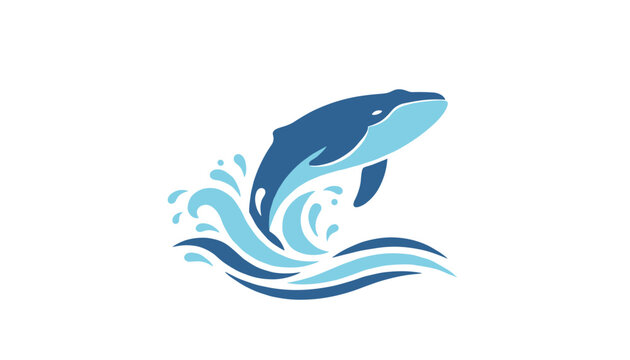 Beautiful graphic of a blue whale breaching gracefully from ocean waves in stylish multi tone blue vector illustration.