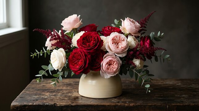 Elegant floral arrangement of deep red and soft pink garden roses with eucalyptus leaves in ceramic vase on rustic wooden table against dark moody background for interior home decor photography