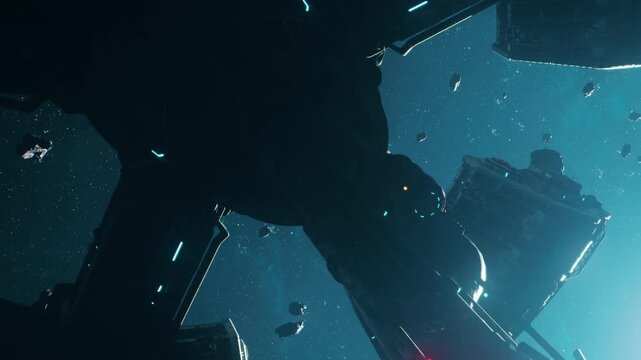 A space station floats in deep space surrounded by asteroids. The view shows the station from below with bright lights shining. The dark backdrop highlights the stars around it.