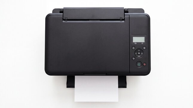 Modern black desktop printer with white paper sheet coming out shows high quality top view isolated on white background