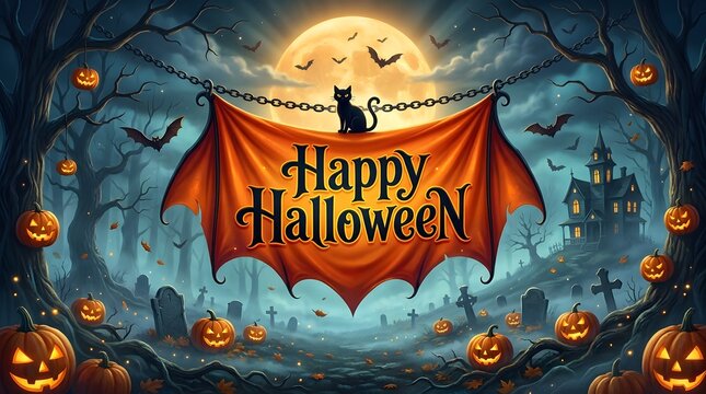 Happy Halloween spooky night background with bat wing hanging banner, black cat, and pumpkins