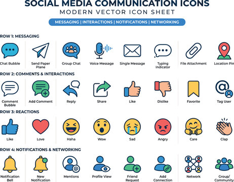 Social Media Communication Icons Set &ndash; Messaging, Comments, Reactions and Notifications Vector Icon Sheet