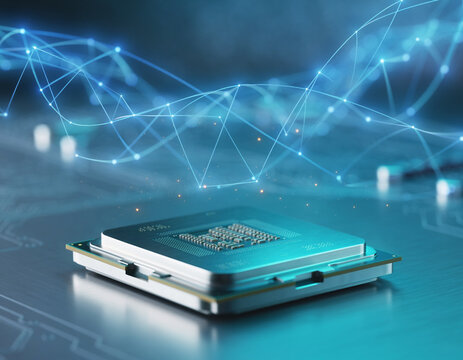 Modern central processing unit microchip on motherboard with digital network data streams and artificial intelligence computing technology