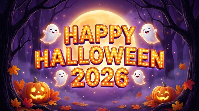 Happy Halloween 2026 spooky night background with glowing marquee text, cute ghosts, and pumpkins