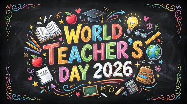 World Teacher Day 2026 background with colorful chalk lettering and school doodles on blackboard