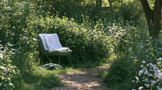Shaded outdoor reading corner with comfortable chair, white towel, garden path, and lush flowering greenery creating peaceful retreat