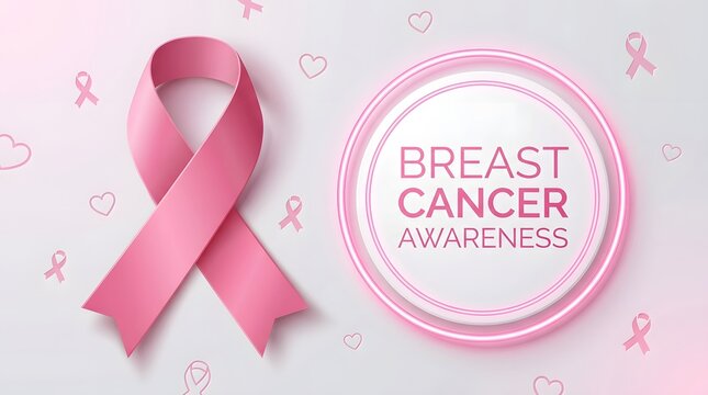 Breast Cancer Awareness background with pink ribbon and round label