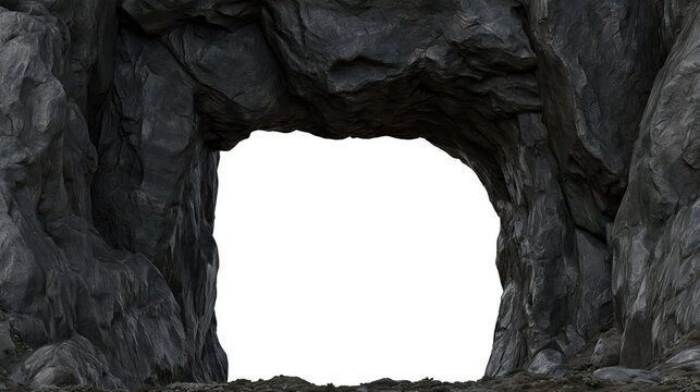 Surreal natural rock arch forming large open portal in dark cavern