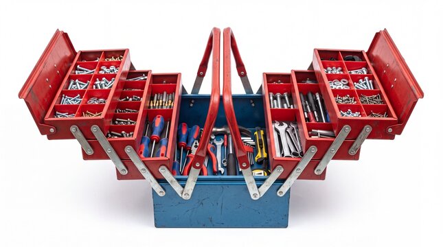 Opened red and blue metal toolbox filled with various hand tools and assorted metal hardware supplies sitting on white background