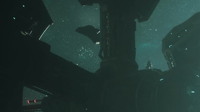 Asteroids float near a large structure in a dark space setting. Bright stars twinkle in the background. The view shows the unknown features of this distant location.