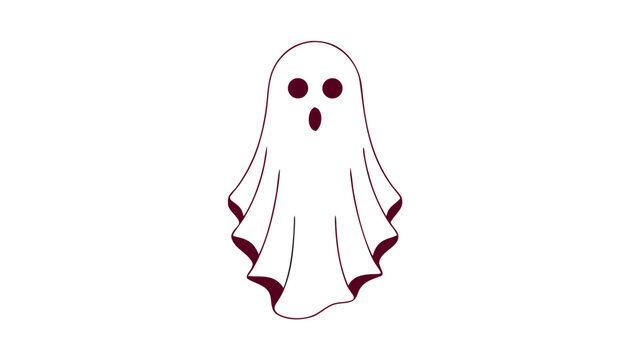 A minimalist illustration of a ghost with a surprised expression. The ghost is white with maroon outlines and two black dot eyes.