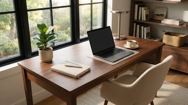 Modern home office workspace with laptop computer on a wooden desk near a large window in a bright and cozy room interior