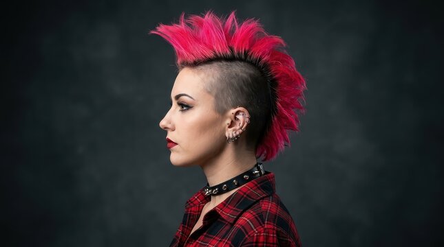 Edgy young woman with vibrant pink mohawk, multiple piercings, and spiked choker in a punk rock style studio portrait.