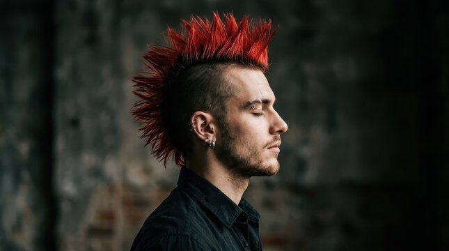 Young Man with Vibrant Red Mohawk Hairstyle and Facial Piercings in Profile View Against Dark Industrial Background