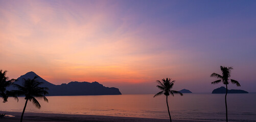 Silhouette of Coconut Palm Trees on Tropical Beach at Sunrise ,A breathtaking sunrise over a quiet tropical beach featuring the silhouettes of two tall coconut palm trees against a vibrant purple and  © banjongseal324