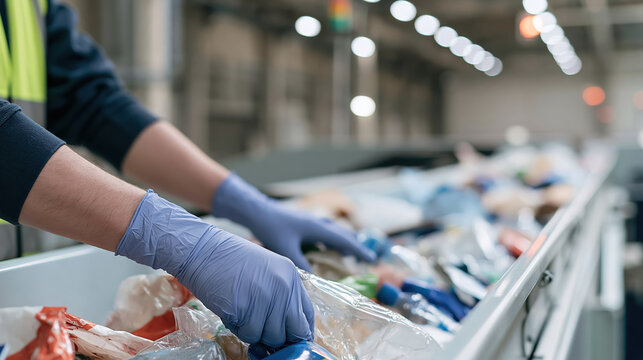 Worker sorting colorful recyclable plastic containers along conveyor recycling facility, promoting sustainable waste management and resource