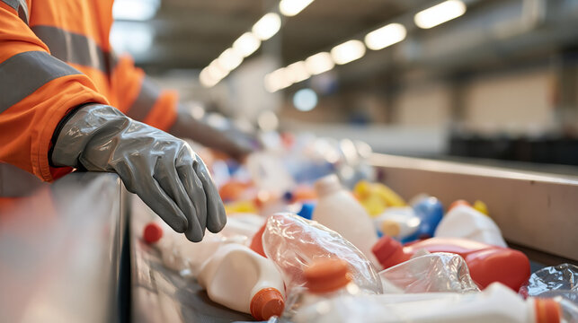 Worker sorting colorful recyclable plastic containers along recycling conveyor, wearing protective gloves and workwear in industrial facility