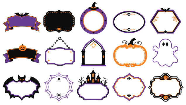 Collection of decorative halloween frames and labels with bats, skulls, pumpkins, and haunted houses