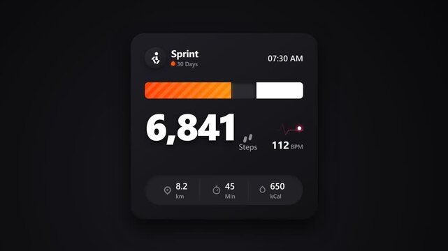 Fitness tracker app displaying step count, distance, and calories burned on a dark background
