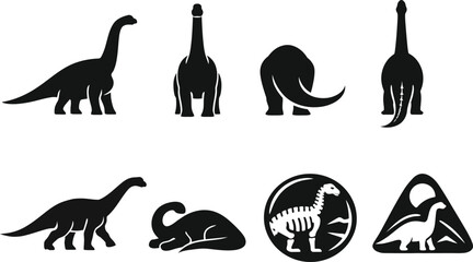 Professional Brachiosaurus Silhouette Vector Set: Sauropod Dinosaur Icons in Multiple Poses, Walking, Sleeping, and Fossil Skeleton Graphics for Educational, Museum, and Logo Design Use. © raja