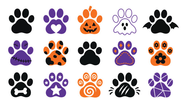 Set of halloween paw prints, dog and cat footprints with spooky designs, pumpkin ghost bat bone star flower patterns